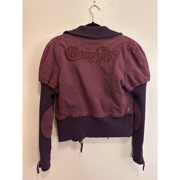 Moschino Jeans Maroon Denim Women's Ribbed Zip Up Embroidered Bomber Jacket 8 - Picture 12 of 15